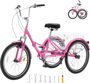 Vevor Adult Tricycle 26" 7-Speed Folding Carbon Steel Cruiser with Large Basket and Adjustable Seat New