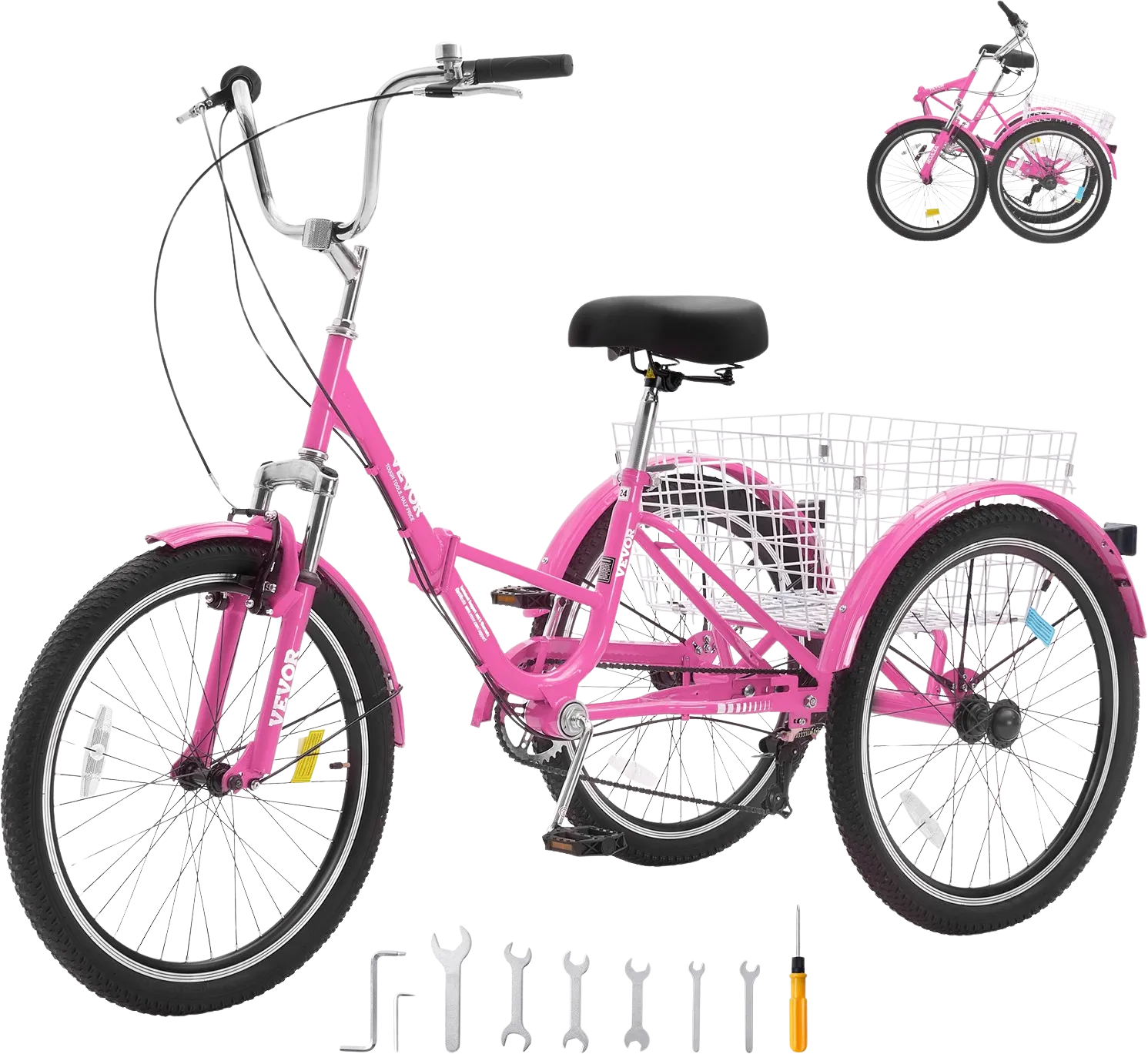 Vevor Adult Tricycle 26" 7-Speed Folding Carbon Steel Cruiser with Large Basket and Adjustable Seat New