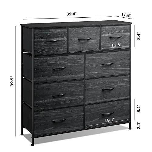 WLIVE 9-Drawer Dresser, Fabric Storage Tower for Bedroom, Hallway, Nursery, Closet, Tall Chest Organizer Unit with Fabric Bins, Steel Frame, Wood Top, Easy Pull Handle, Charcoal Black Wood Grain Print